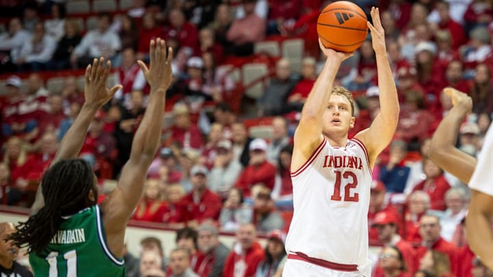 Indiana's Tucker DeVries shoots a 3-pointer Dec. 20, 2025, vs. Chicago State at Simon Skjodt Assembly Hall in Bloomington.