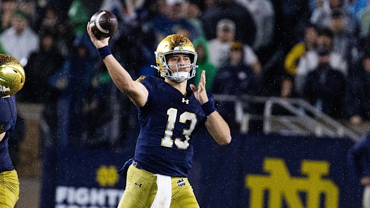 Oct 18, 2025; South Bend, Indiana, USA; Notre Dame Fighting Irish quarterback CJ Carr (13) drops back to pass the ball  in the second half against the Southern California Trojans at Notre Dame Stadium. Mandatory Credit: Trevor Ruszkowski-Imagn Images