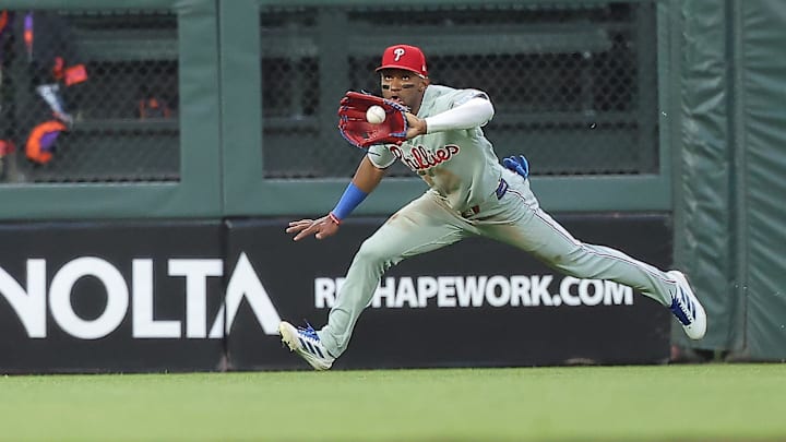 Jul 8, 2025; San Francisco, California, USA; Philadelphia Phillies center fielder Johan Rojas (23) makes a catch against the San Francisco Giants during the fifth inning at Oracle Park. Mandatory Credit: Kelley L Cox-Imagn Images