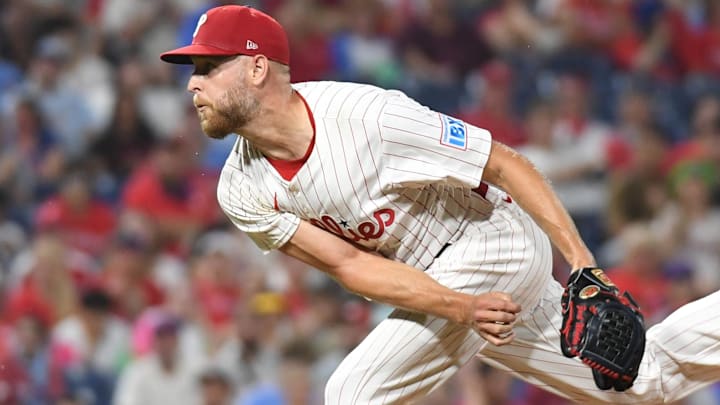 Jun 30, 2025; Philadelphia, Pennsylvania, USA; Philadelphia Phillies pitcher Zack Wheeler (45) follows through on a pitch during the eighth inning against the San Diego Padres at Citizens Bank Park.