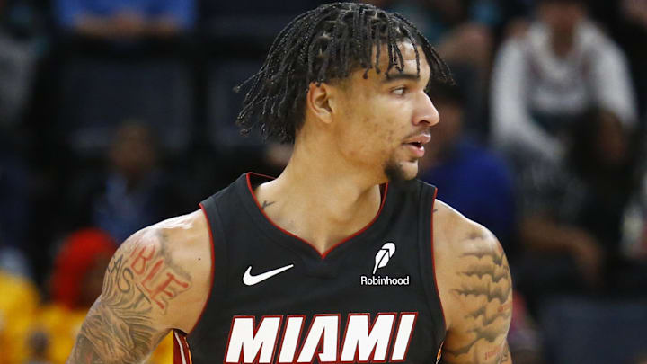 Oct 18, 2024; Memphis, Tennessee, USA; Miami Heat center Kel'el Ware (7) gets back on defense after a basket during the second half at FedExForum. Mandatory Credit: Petre Thomas-Imagn Images