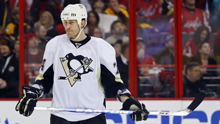 February 7, 2010; Washington, DC, USA; Pittsburgh Penguins defenseman Jay McKee (74) waits for a faceoff against the Washington Capitals at Verizon Center. The Capitals won 5-4 in overtime. Mandatory Credit: Geoff Burke-Imagn Images
