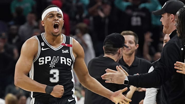 Apr 6, 2023; Austin, Texas, USA; San Antonio Spurs forward Keldon Johnson (3) reacts with fans after