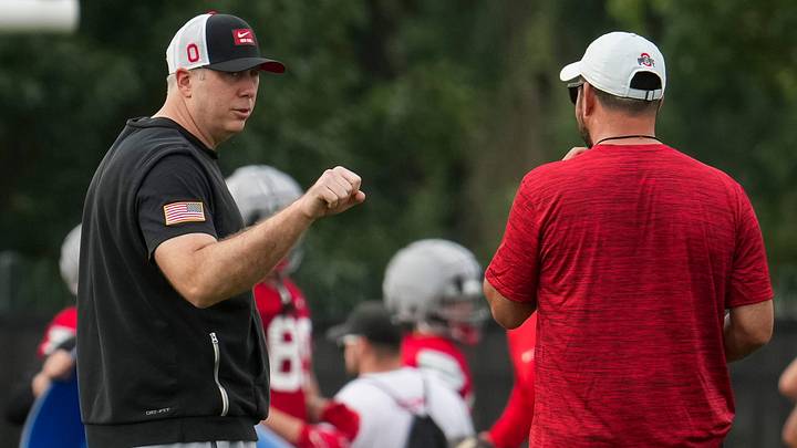 Ohio State Buckeyes offensive coordinator Arthur Smith talks to head coach Ryan Day during the first practice of training camp at the Woody Hayes Athletic Center in Columbus on Aug. 6, 2026. Ohio State Buckeyes offensive coordinator Arthur Smith talks to head coach Ryan Day during the first practice of training camp at the Woody Hayes Athletic Center in Columbus on Aug. 6, 2026.