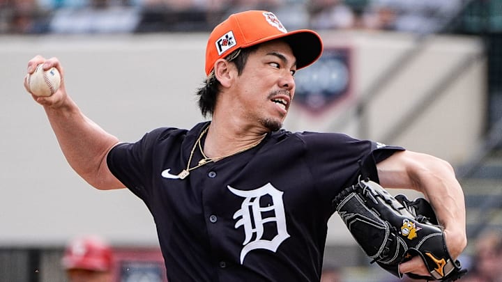 Detroit Tigers pitcher Kenta Maeda throws against Philadelphia Phillies during the first inning of a Grapefruit League game at Joker Marchant Stadium in Lakeland, Fla. on Saturday, Feb. 22, 2025.