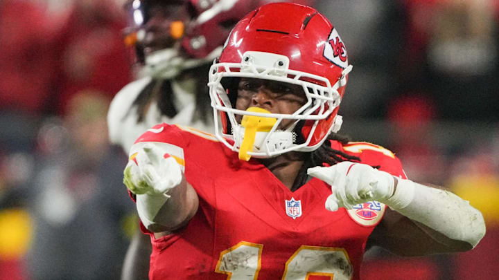 Oct 27, 2025; Kansas City, Missouri, USA; Kansas City Chiefs running back Isiah Pacheco (10) reacts after a play against the Washington Commanders during the fourth quarter of the game at GEHA Field at Arrowhead Stadium. Mandatory Credit: Denny Medley-Imagn Images