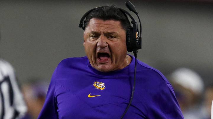 LSU Tigers head coach Ed Orgeron reacts against the Alabama Crimson Tide at Bryant-Denny Stadium. 