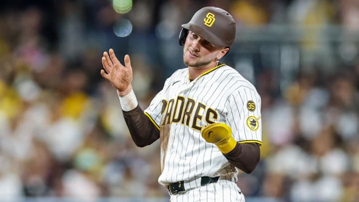 Jackson Merrill (3) reacts after reaching second on a throwing error during the sixth inning against the Detroit Tigers at Petco Park. 