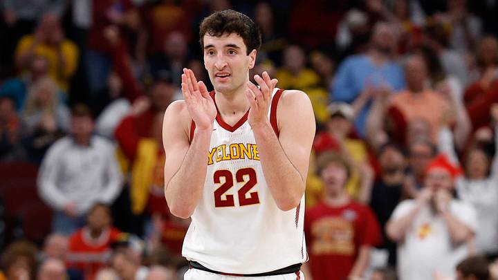 Mar 27, 2026; Chicago, IL, USA; Iowa State Cyclones forward Milan Momcilovic (22) reacts in the first half against the Tennessee Volunteers during a Sweet Sixteen game of the Midwest Regional of the men's 2026 NCAA Tournament at United Center. Mandatory Credit: Kamil Krzaczynski-Imagn Images