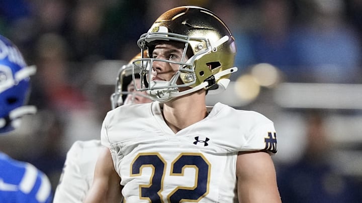 Sep 30, 2023; Durham, North Carolina, USA;  Notre Dame Fighting Irish place kicker Spencer Shrader (32) reacts to his kick during the second half against the Duke Blue Devils at Wallace Wade Stadium. Mandatory Credit: Jim Dedmon-Imagn Images