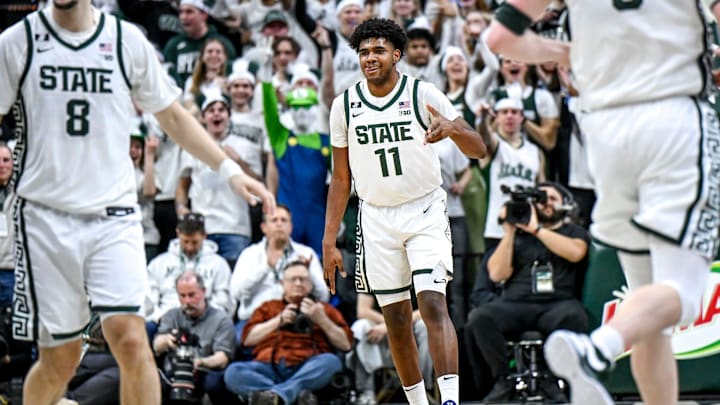 Michigan State's Jase Richardson celebrates a 3-pointer against Purdue during the first half on Tuesday, Feb. 18, 2025, at the Breslin Center in East Lansing.