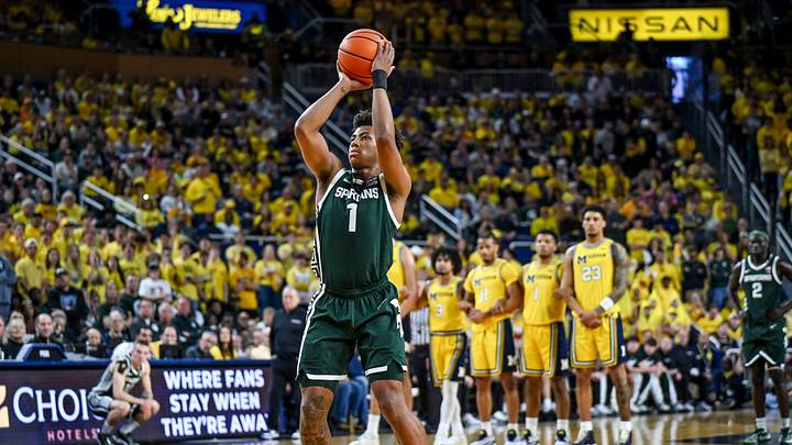 Michigan State's Jeremy Fears Jr. shoots free throws after a Michigan technical foul during the first half on Sunday, March 8, 2026, at the Crisler Center in Ann Arbor. Michigan State's Jeremy Fears Jr. shoots free throws after a Michigan technical foul during the first half on Sunday, March 8, 2026, at the Crisler Center in Ann Arbor.