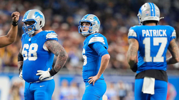 Detroit Lions quarterback Jared Goff (16) looks up in the fourth quarter against the Washington Commanders in the NFC divisional round at Ford Field in Detroit on Saturday, Jan. 18, 2025.