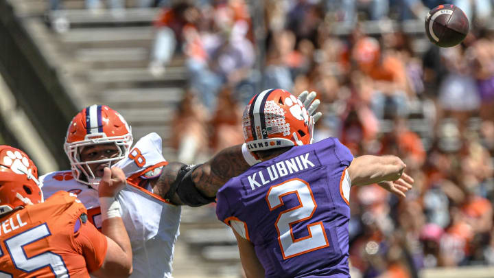 Clemson defensive tackle TrŽ Williams (8) tries to break up a pass from Clemson quarterback Cade Klubnik (2) during the Spring football game in Clemson, S.C., Saturday, April 6, 2024. Clemson defensive tackle TrŽ Williams (8) tries to break up a pass from Clemson quarterback Cade Klubnik (2) during the Spring football game in Clemson, S.C., Saturday, April 6, 2024.