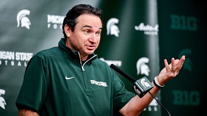 Michigan State coach Jonathan Smith talks the media on the first national signing day for college football recruits Wednesday, Dec. 4, 2024, at Spartan Stadium in East Lansing. Michigan State coach Jonathan Smith talks the media on the first national signing day for college football recruits Wednesday, Dec. 4, 2024, at Spartan Stadium in East Lansing.
