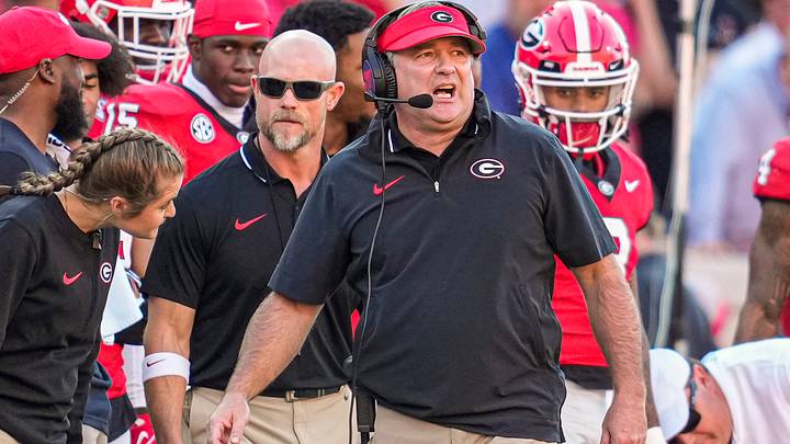 Nov 4, 2023; Athens, Georgia, USA; Georgia Bulldogs head coach Kirby Smart reacts on the sideline during the game against the Missouri Tigers during the first half at Sanford Stadium. Mandatory Credit: Dale Zanine-USA TODAY Sports