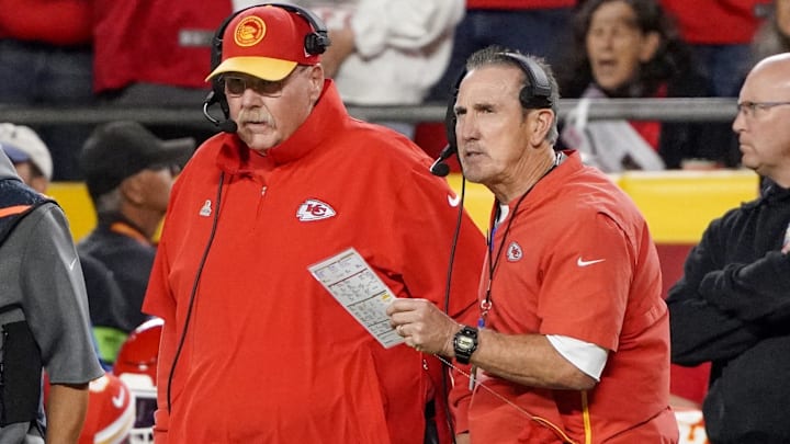 Oct 12, 2023; Kansas City, Missouri, USA; Kansas City Chiefs head coach Andy Reid and defensive coordinator Steve Spagnuolo talk on the sidelines against the Denver Broncos during the game at GEHA Field at Arrowhead Stadium. Mandatory Credit: Denny Medley-Imagn Images