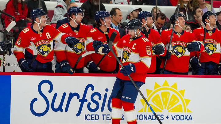 Sep 22, 2026; Raleigh, North Carolina, USA;  Florida Panthers center Aleksander Barkov (16) celebrates his goal against the Carolina Hurricanes during the first period at Lenovo Center.  Mandatory Credit: James Guillory-Imagn Images