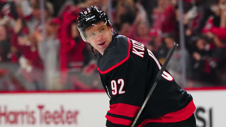 Apr 30, 2024; Raleigh, North Carolina, USA; Carolina Hurricanes center Evgeny Kuznetsov (92) scores a penalty shot goal against New York Islanders during the first period in game five of the first round of the 2024 Stanley Cup Playoffs at PNC Arena. Mandatory Credit: James Guillory-Imagn Images