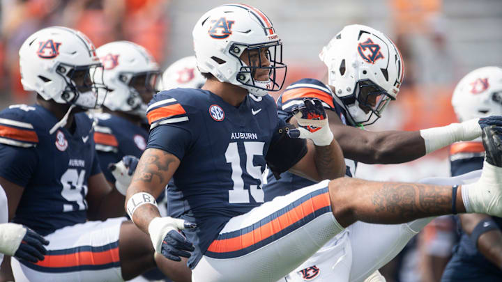 Auburn Tigers defensive end Keldric Faulk (15) warms up before Auburn Tigers take on Mercer Bears at Jordan-Hare Stadium in Auburn, Ala. on Saturday, Nov. 22, 2025.