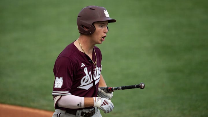 Mississippi State Bulldogs' Ace Reese (3) complains after getting struck out as Auburn Tigers baseball takes on Mississippi State Bulldogs at Plainsman Park in Auburn, Ala., on Friday, April 25, 2025.