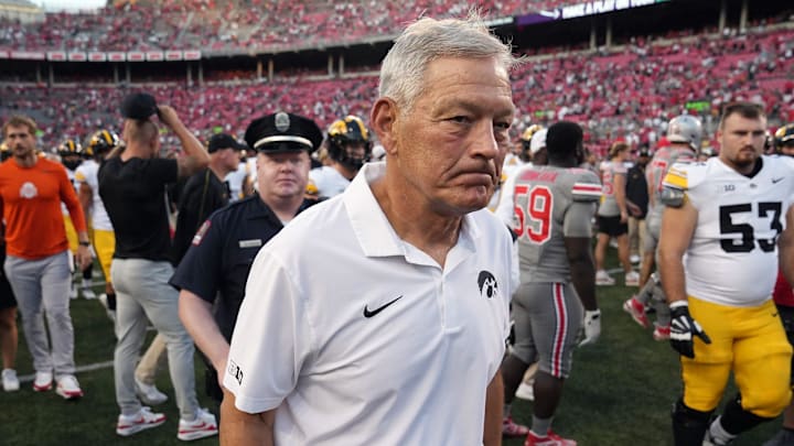 Oct 5, 2024; Columbus, OH, USA; Iowa Hawkeyes head coach Kirk Ferentz walks off the field after losing to Ohio State Buckeyes 35-7 after the NCAA football game at Ohio Stadium. Oct 5, 2024; Columbus, OH, USA; Iowa Hawkeyes head coach Kirk Ferentz walks off the field after losing to Ohio State Buckeyes 35-7 after the NCAA football game at Ohio Stadium.