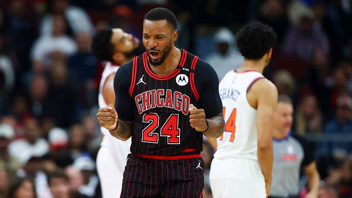 CHICAGO, ILLINOIS - OCTOBER 28: Norman Powell #24 of the Chicago Bulls reacts during the first half against the New York Knicks at the United Center on October 28, 2026 in Chicago, Illinois. (Photo by Jessie Alcheh/Getty Images)