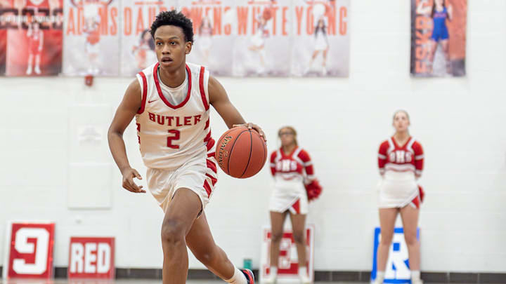 Butler's Steven Tinsley (2) races the ball up court as the Butler Bears face the DeSales Colts in the KHSAA 22nd District boys basketball final at Butler High School on Feb. 26, 2026.