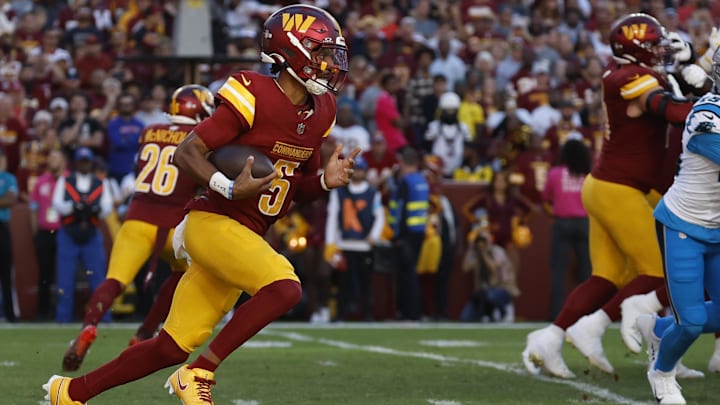 Jayden Daniels' status for Sunday's game remains a real question, or in this case, in doubt. Jayden Daniels' status for Sunday's game remains a real question, or in this case, in doubt.