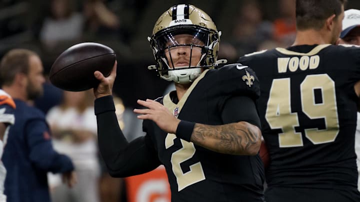 Aug 23, 2025; New Orleans, Louisiana, USA; New Orleans Saints quarterback Spencer Rattler (2) warms up before a game against the Denver Broncos at Caesars Superdome. Mandatory Credit: Matthew Hinton-Imagn Images Aug 23, 2025; New Orleans, Louisiana, USA; New Orleans Saints quarterback Spencer Rattler (2) warms up before a game against the Denver Broncos at Caesars Superdome. Mandatory Credit: Matthew Hinton-Imagn Images