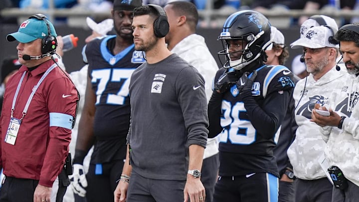 Nov 24, 2024; Charlotte, North Carolina, USA;  arolina Panthers head coach Dave Canales watches his defense against the Kansas City Chiefs during the second half at Bank of America Stadium. Mandatory Credit: Jim Dedmon-Imagn Images