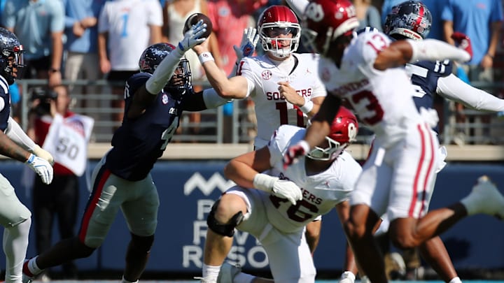 Oklahoma Sooners quarterback Jackson Arnold was under duress for most of Saturday's contest against Ole Miss.
