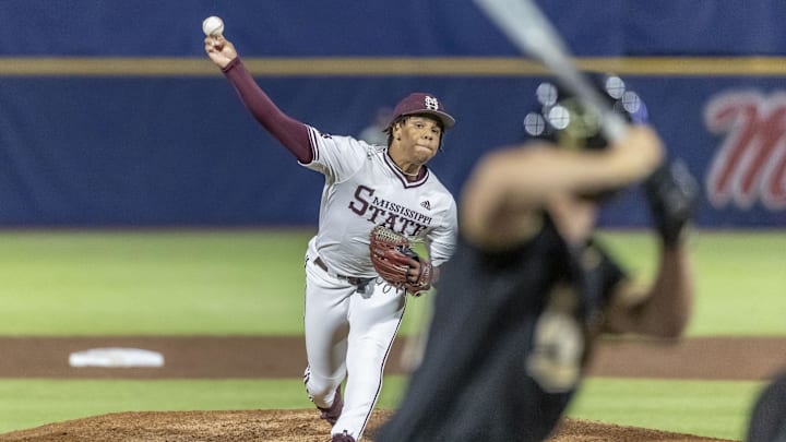 May 23, 2024; Hoover, AL, USA; Mississippi State Bulldogs pitcher Jurrangelo Cijntje (50) pitches against the Vanderbilt Commodores during the SEC Baseball Tournament at Hoover Metropolitan Stadium. Mandatory Credit: Vasha Hunt-USA TODAY Sports