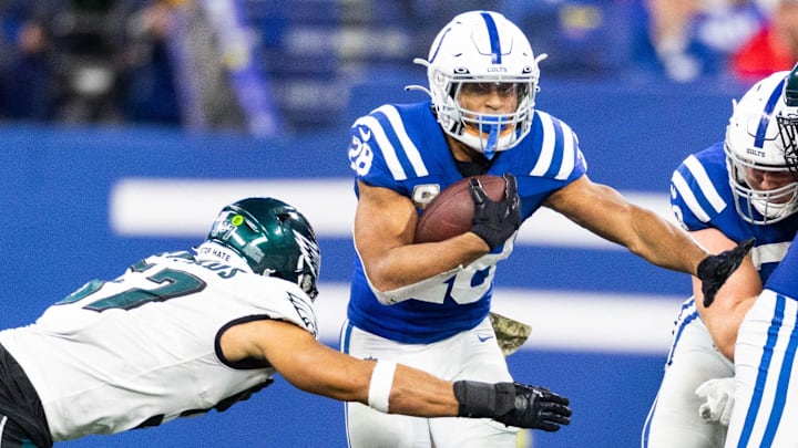 Nov 20, 2022; Indianapolis, Indiana, USA; Indianapolis Colts running back Jonathan Taylor (28).