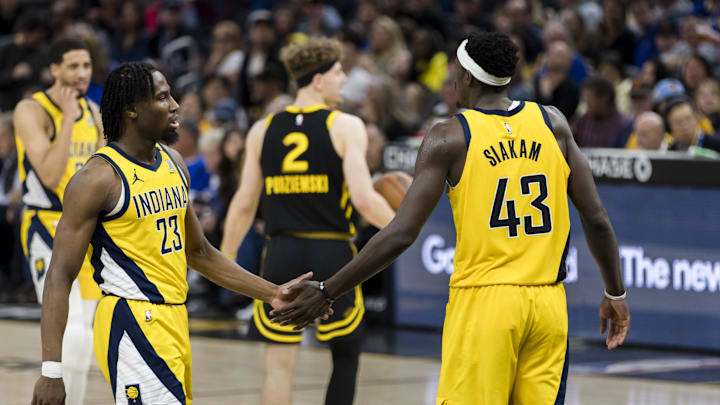 Mar 22, 2024; San Francisco, California, USA; Indiana Pacers forward Aaron Nesmith (23) and Indiana Pacers forward Pascal Siakam (43) react after a foul is given to the Golden State Warriors during the second half at Chase Center. Mandatory Credit: John Hefti-Imagn Images Mar 22, 2024; San Francisco, California, USA; Indiana Pacers forward Aaron Nesmith (23) and Indiana Pacers forward Pascal Siakam (43) react after a foul is given to the Golden State Warriors during the second half at Chase Center. Mandatory Credit: John Hefti-Imagn Images