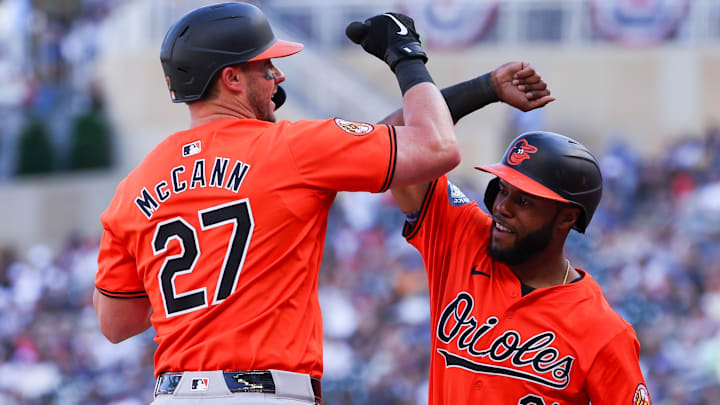 Sep 29, 2024; Minneapolis, Minnesota, USA; Baltimore Orioles catcher James McCann celebrates his three-run home run with center fielder Cedric Mullins. Sep 29, 2024; Minneapolis, Minnesota, USA; Baltimore Orioles catcher James McCann celebrates his three-run home run with center fielder Cedric Mullins.