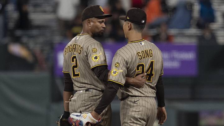 May 5, 2026; San Francisco, California, USA; San Diego Padres shortstop Xander Bogaerts (2) and second baseman Sung-Mun Song (24) embrace after defeating the San Francisco Giants at Oracle Park. Mandatory Credit: Stan Szeto-Imagn Images May 5, 2026; San Francisco, California, USA; San Diego Padres shortstop Xander Bogaerts (2) and second baseman Sung-Mun Song (24) embrace after defeating the San Francisco Giants at Oracle Park. Mandatory Credit: Stan Szeto-Imagn Images