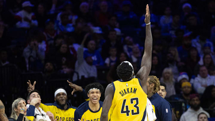 Dec 13, 2024; Philadelphia, Pennsylvania, USA; Indiana Pacers forward Pascal Siakam (43) reacts to his three pointer against the Philadelphia 76ers during the fourth quarter at Wells Fargo Center. Mandatory Credit: Bill Streicher-Imagn Images