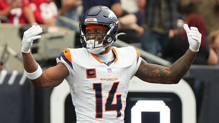 Nov 2, 2025; Houston, Texas, USA; Denver Broncos wide receiver Courtland Sutton (14) celebrate after a play during the first half against the Houston Texans at NRG Stadium. Mandatory Credit: Sean Thomas-Imagn Images Nov 2, 2025; Houston, Texas, USA; Denver Broncos wide receiver Courtland Sutton (14) celebrate after a play during the first half against the Houston Texans at NRG Stadium. Mandatory Credit: Sean Thomas-Imagn Images
