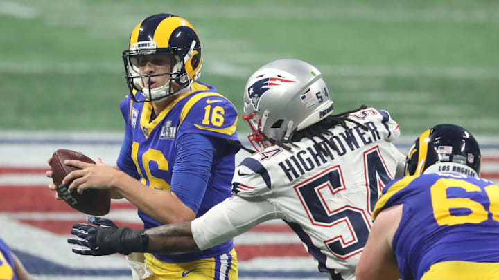 Feb 3, 2019; Atlanta, GA, USA; Los Angeles Rams quarterback Jared Goff (16) is sacked by New England Patriots outside linebacker Dont'a Hightower (54) during the third quarter of Super Bowl LIII at Mercedes-Benz Stadium. Mandatory Credit: Jason Getz-Imagn Images