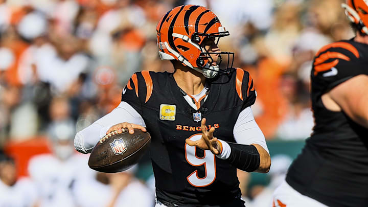 Nov 3, 2024; Cincinnati, Ohio, USA; Cincinnati Bengals quarterback Joe Burrow (9) throws a pass against the Las Vegas Raiders in the first half at Paycor Stadium. Mandatory Credit: Katie Stratman-Imagn Images