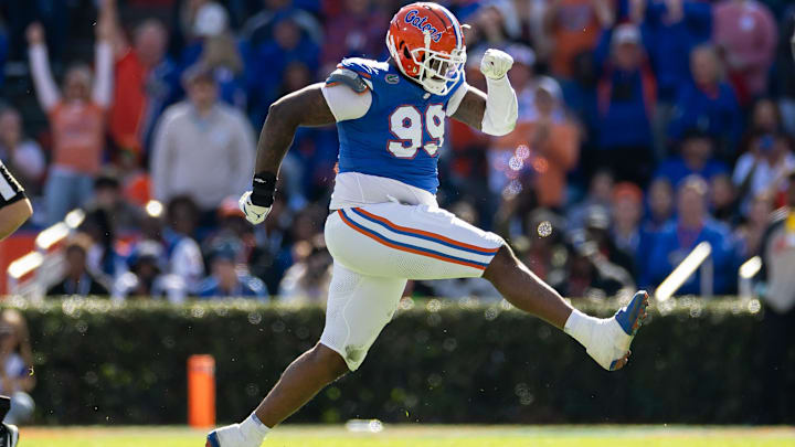 Florida Gators defensive lineman Cam Jackson celebrates after a sack against the Mississippi Rebels.