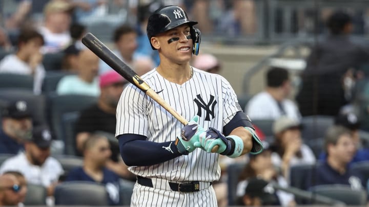 Jun 21, 2024; Bronx, New York, USA; New York Yankees center fielder Aaron Judge (99) at Yankee Stadium. Jun 21, 2024; Bronx, New York, USA; New York Yankees center fielder Aaron Judge (99) at Yankee Stadium.