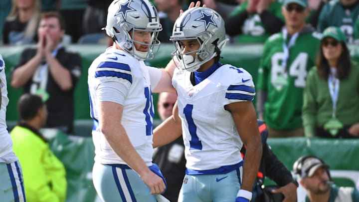 Dallas Cowboys wide receiver Jalen Tolbert celebrates his touchdown catch with quarterback Cooper Rush against the Philadelphia Eagles. Dallas Cowboys wide receiver Jalen Tolbert celebrates his touchdown catch with quarterback Cooper Rush against the Philadelphia Eagles.