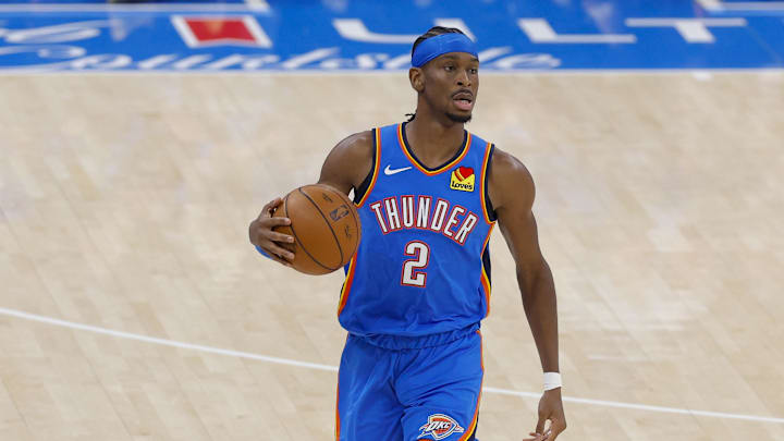Jun 8, 2025; Oklahoma City, Oklahoma, USA; Oklahoma City Thunder guard Shai Gilgeous-Alexander (2) brings the ball up court against the Indiana Pacers during the first quarter of game two of the 2025 NBA Finals at Paycom Center. Mandatory Credit: Alonzo Adams-Imagn Images
