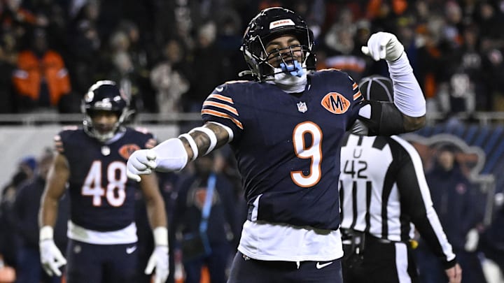 Jan 10, 2026; Chicago, IL, USA;  Chicago Bears safety Jaquan Brisker (9) fires up the crowd after a penalty call against the Green Bay Packers during the second half of an NFC Wild Card Round game at Soldier Field. Mandatory Credit: Matt Marton-Imagn Images
