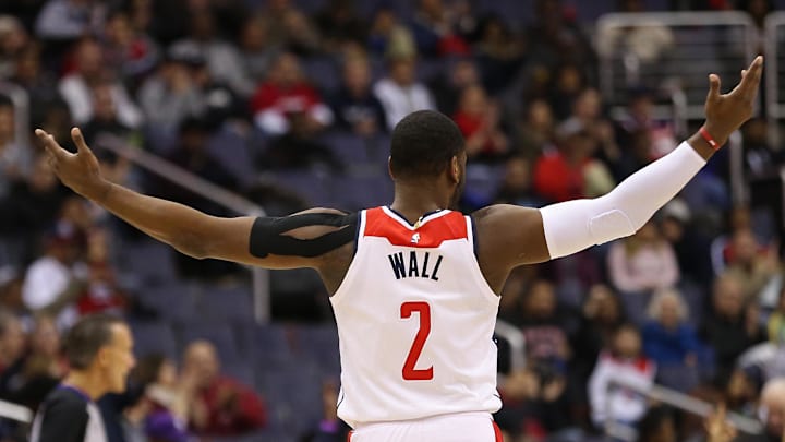 Nov 11, 2017; Washington, DC, USA; Washington Wizards guard John Wall (2) gestures on the court against the Atlanta Hawks in the third quarter at Capital One Arena. The Wizards won 113-94. Mandatory Credit: Geoff Burke-Imagn Images Nov 11, 2017; Washington, DC, USA; Washington Wizards guard John Wall (2) gestures on the court against the Atlanta Hawks in the third quarter at Capital One Arena. The Wizards won 113-94. Mandatory Credit: Geoff Burke-Imagn Images
