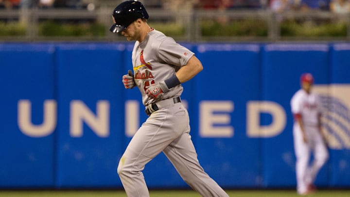 Aug 20, 2016; Philadelphia, PA, USA; St. Louis Cardinals left fielder Jeremy Hazelbaker (41) runs the bases after hitting a two RBI home run during the third inning against the Philadelphia Phillies at Citizens Bank Park. Mandatory Credit: Bill Streicher-Imagn Images