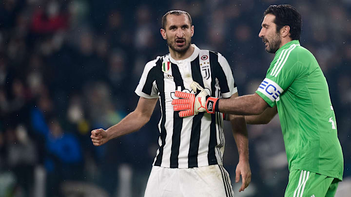Giorgio Chiellini (L) of Juventus FC celebrates a goal of...