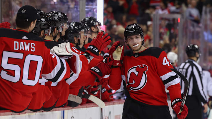 Dec 27, 2023; Newark, New Jersey, USA; New Jersey Devils defenseman Luke Hughes (43) celebrates his